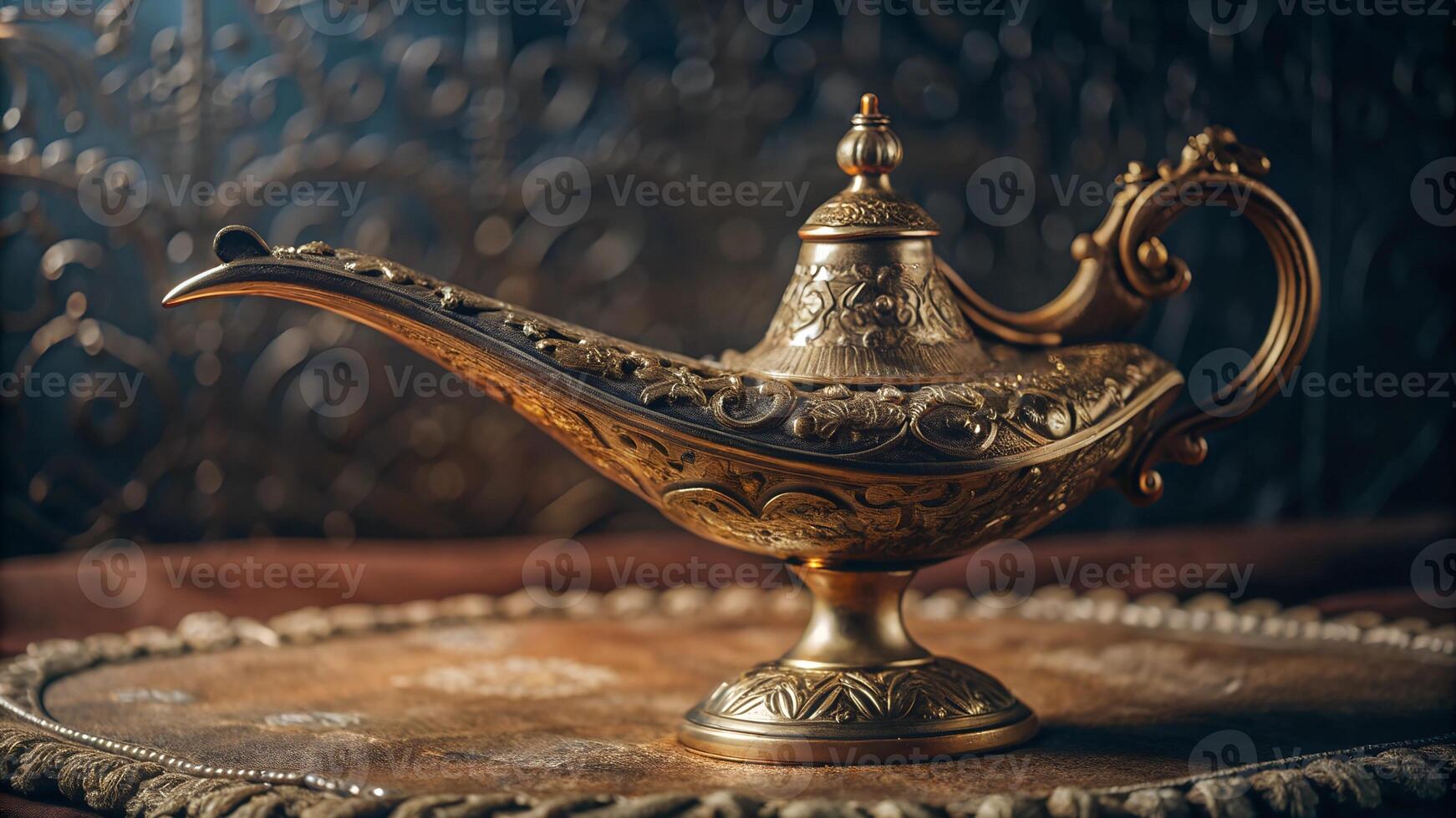 Classic Genie's lamp from the Middle-East with intricate carvings sprawled elegantly across its golden body photo