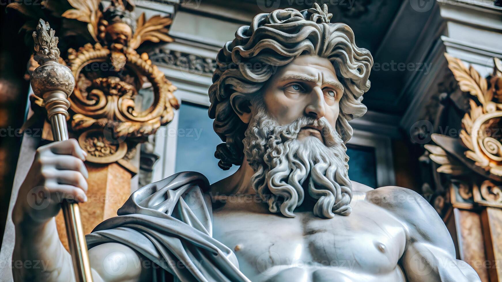 Ancient statue of Zeus Greek god of thunder intricately carved and made from marble photo
