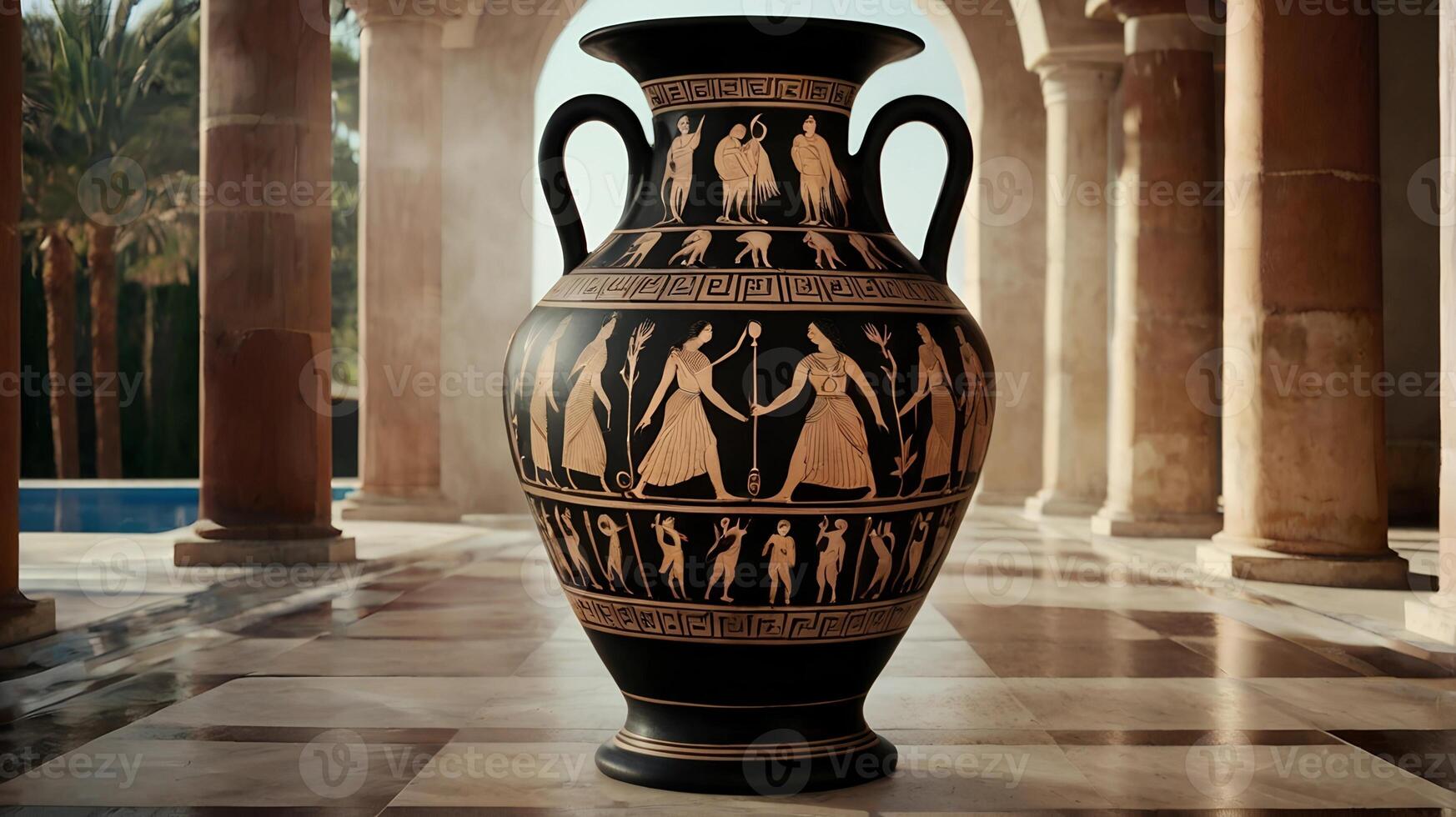 Detailed ancient Greek amphora vase painted with scenes from Greek mythology showcasing heroes and mythical creatures in mid-action photo