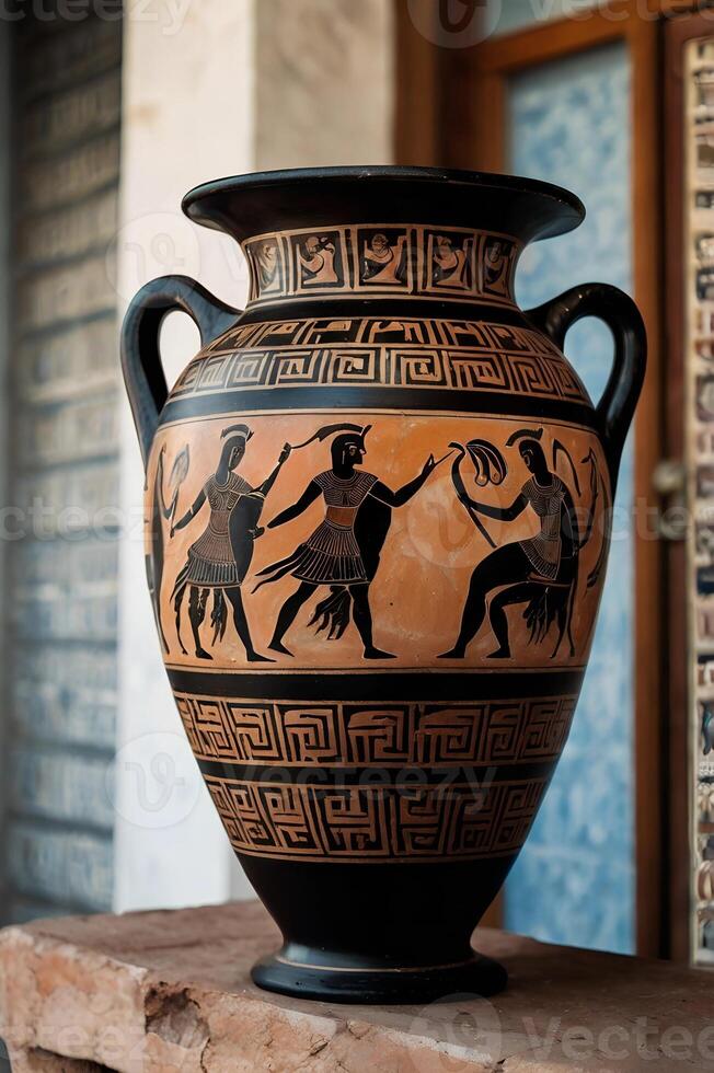 Detailed ancient Greek amphora vase painted with scenes from Greek mythology showcasing heroes and mythical creatures in mid-action photo