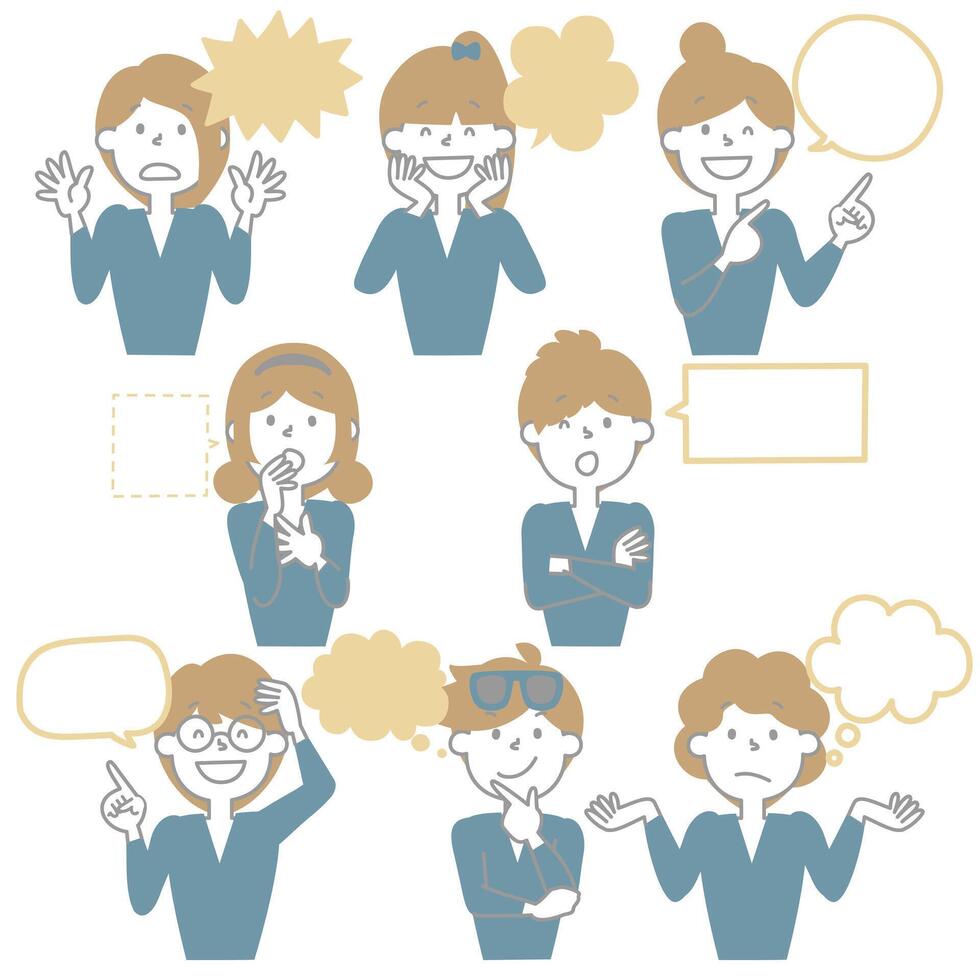 collection set of cute doodle hand draw speech bubble balloon with boy man and girl woman character, text box think speak talk banner vector