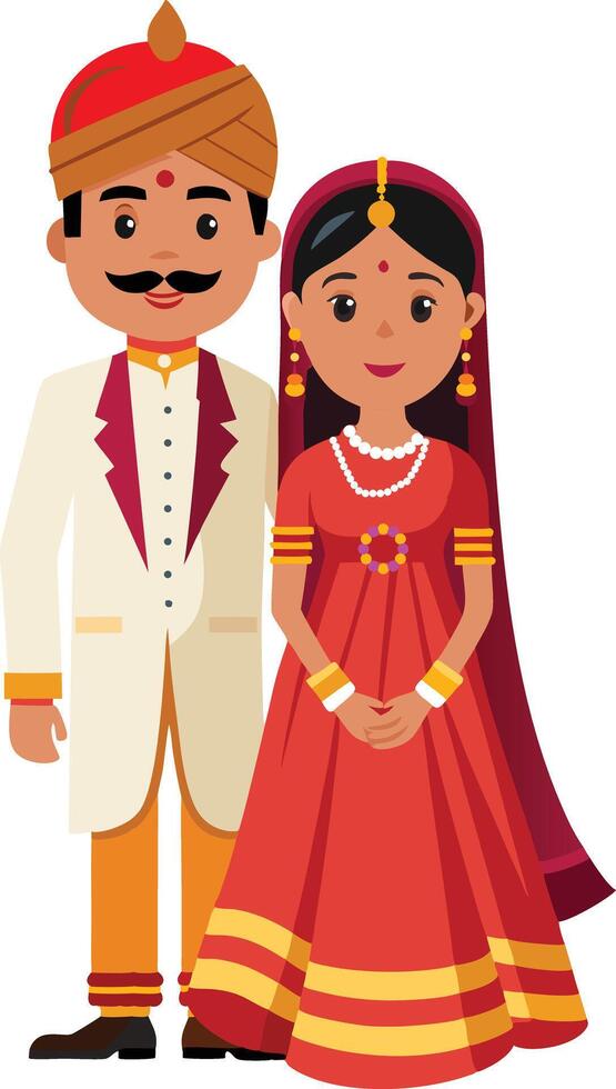 Indian bride and groom in traditional dress at wedding ceremony vector