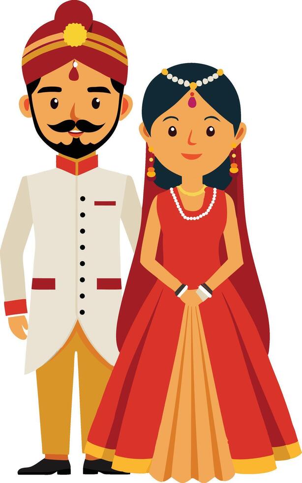 Illustration of Indian bride and groom in traditional dress at wedding ceremony vector