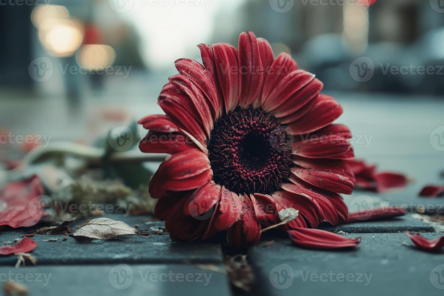 Wilted flower lying on the ground symbolizing the end of something beautiful. AI generate photo