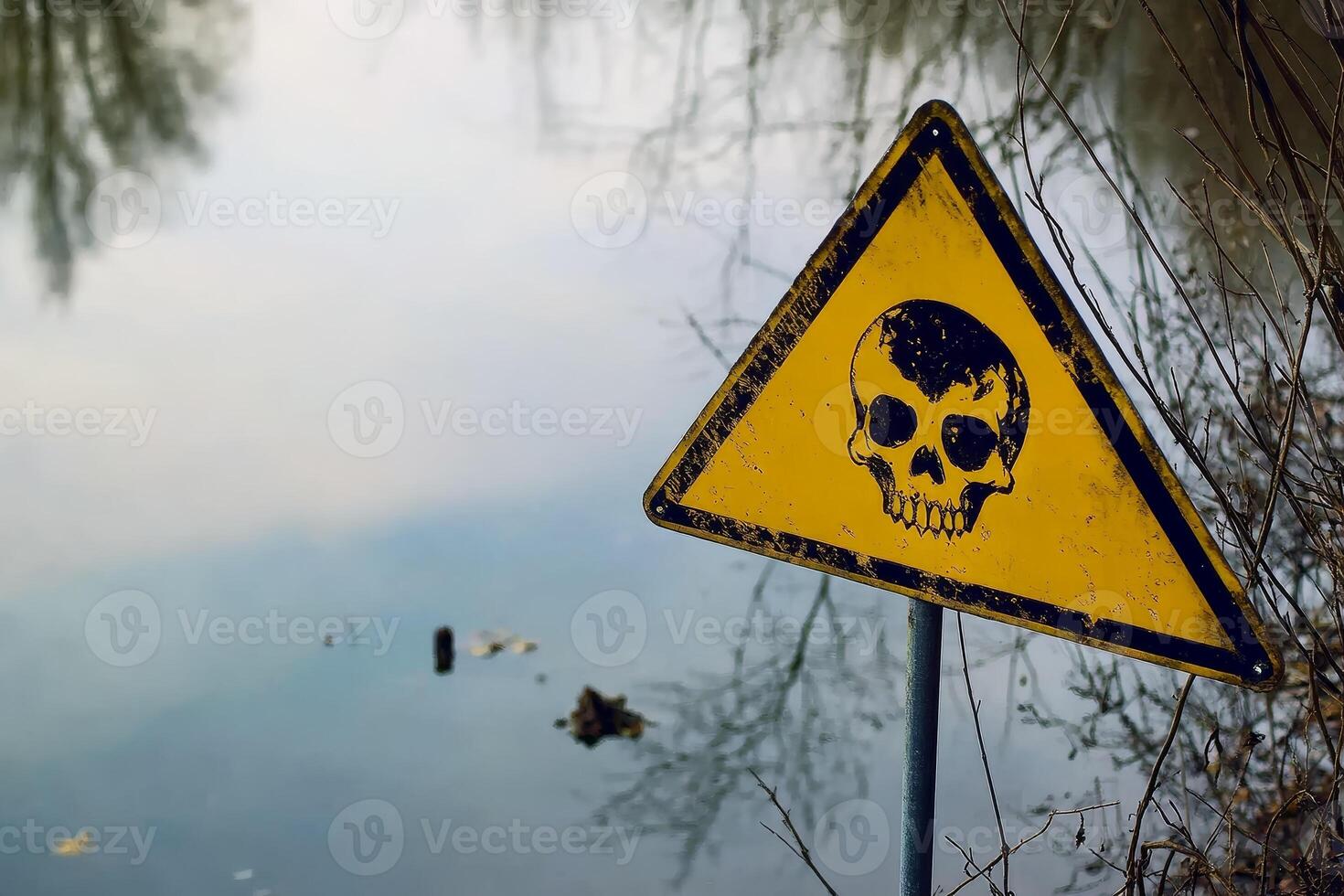 A poison skull warning sign posted near a contaminated lake with toxic waste. AI generate photo