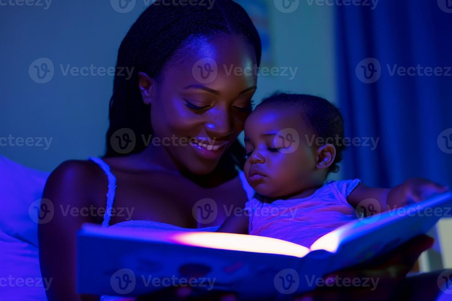 A mother reading a bedtime story to her child. AI generate photo