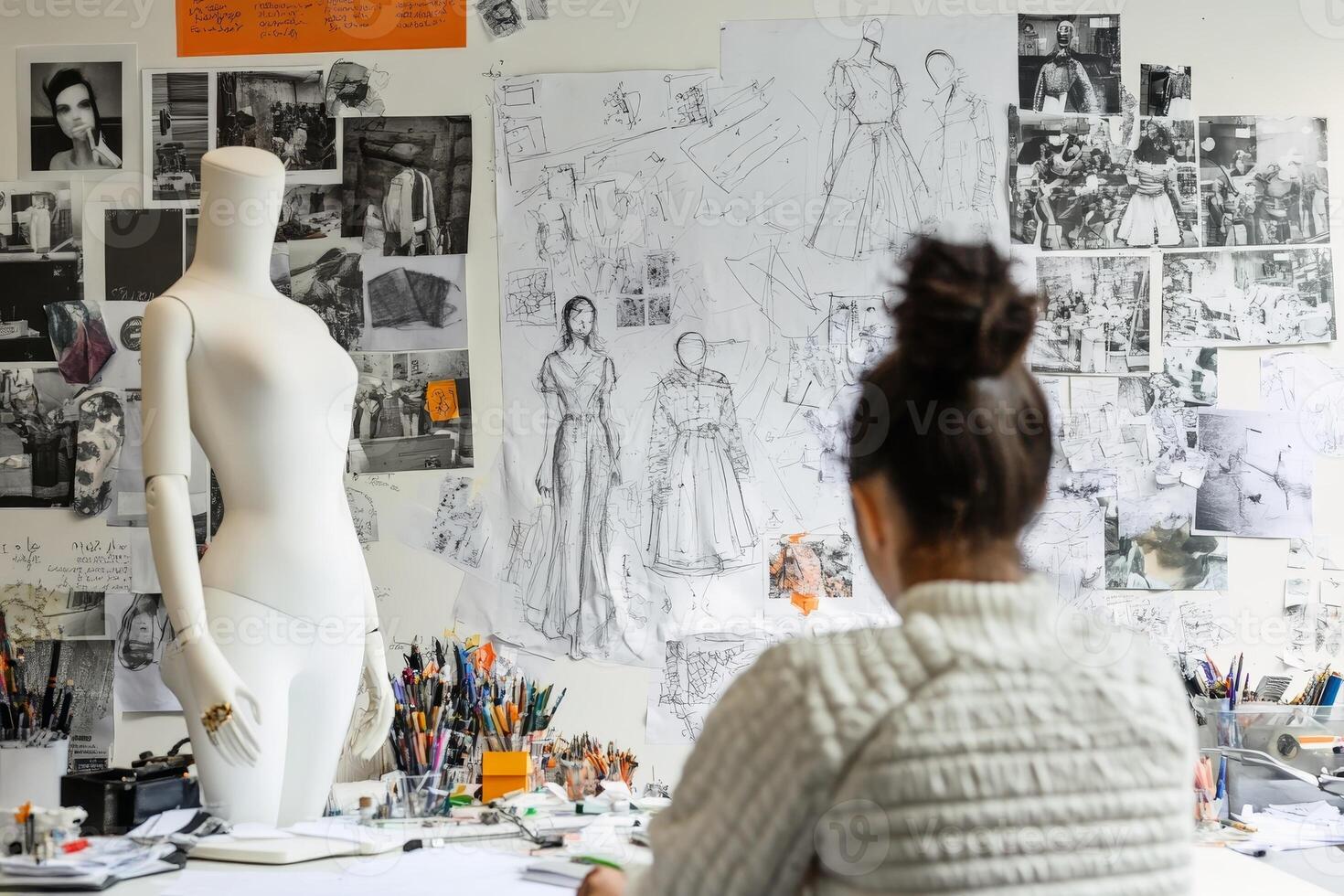 A fashion designer sketching and working in a stylish studio surrounded by sketches. AI generate photo
