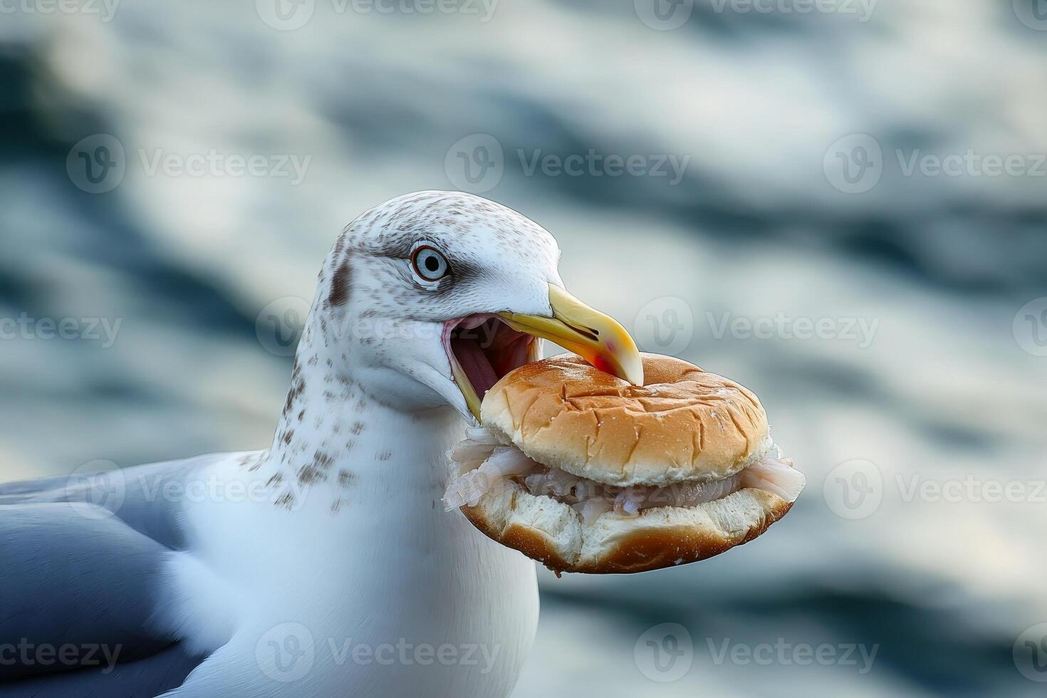 A seagull steals a tourist's fish sandwich. AI generate photo