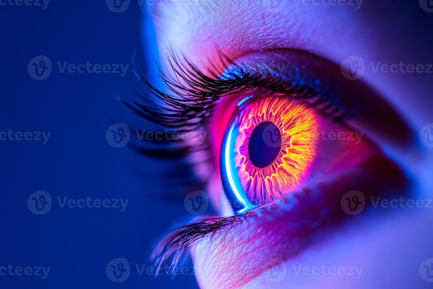A human eye close up in neon colors. AI generate photo