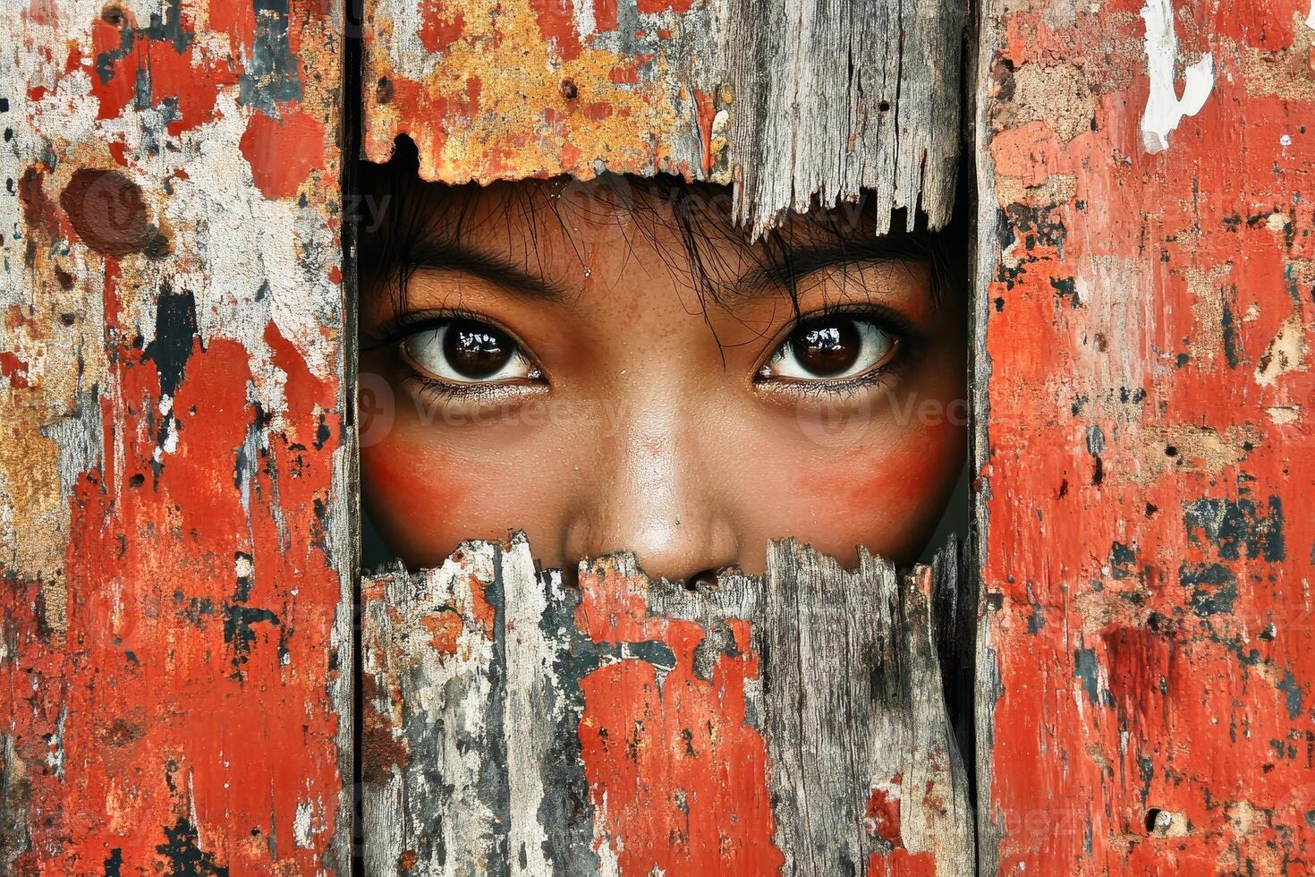 The face of a real young woman emerges from a painting. AI generate photo