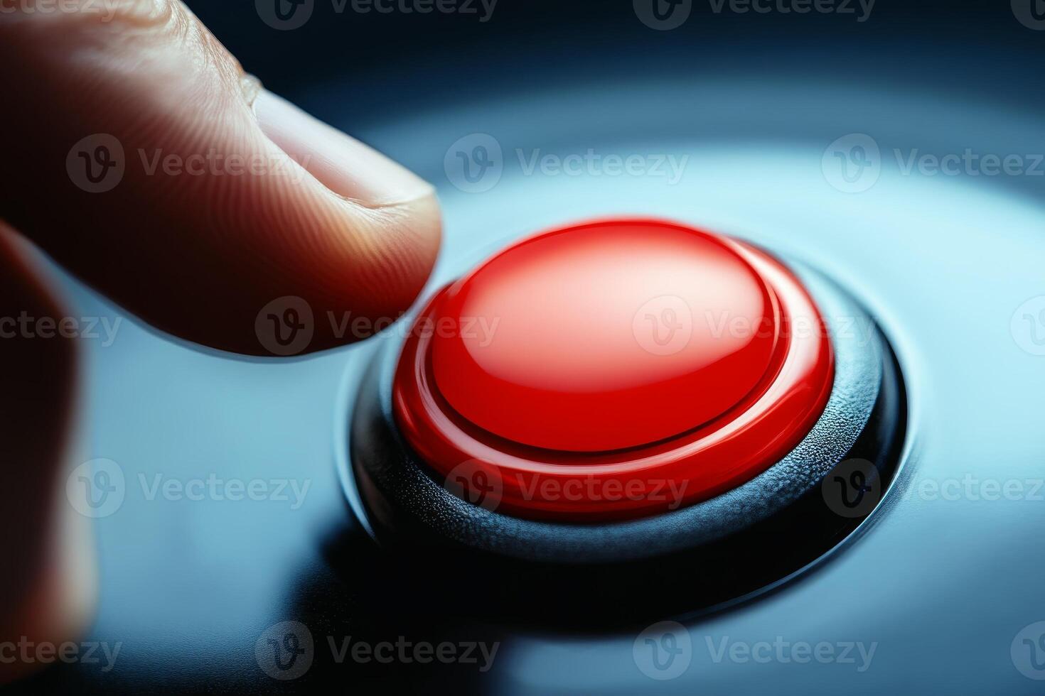 Pressing the big red button with a finger. AI generate photo