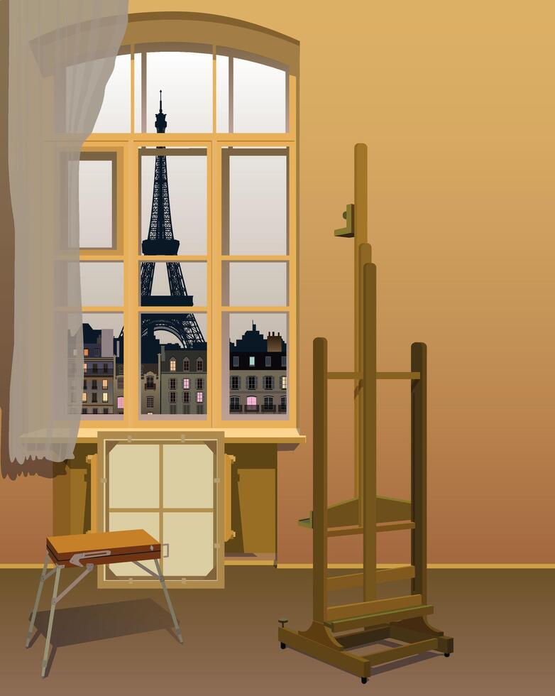 Artist's studio overlooking the Eiffel Tower. . vector
