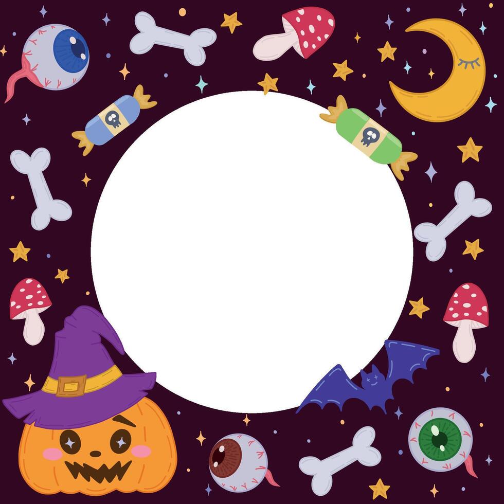 Halloween photo frame with pumpkins, spiders, eyes, bat and fly agaric.A Halloween frame. Decorated frame for Halloween background. illustration for postcards, banners and posters, discounts vector