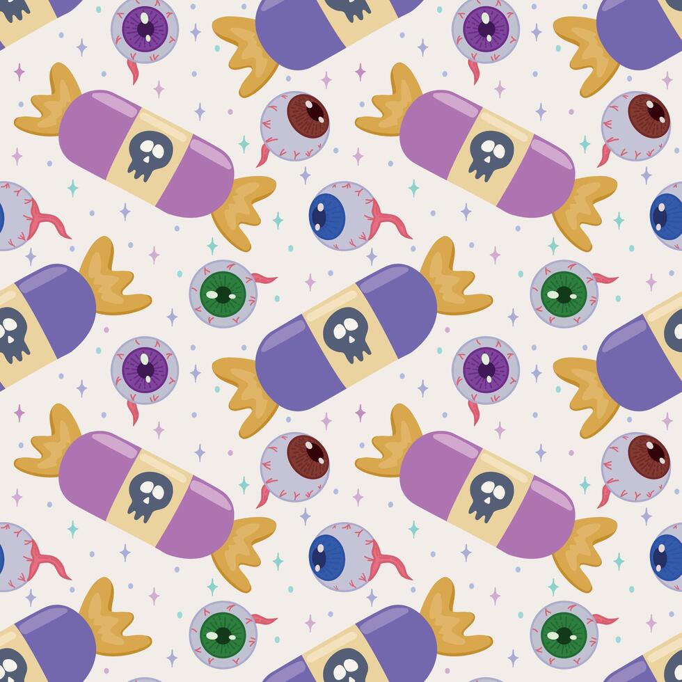 Seamless drawing with eyes and candies on a light background. Scary eyes for Halloween party decoration. A banner, poster, or postcard. Background with a Halloween pattern. vector
