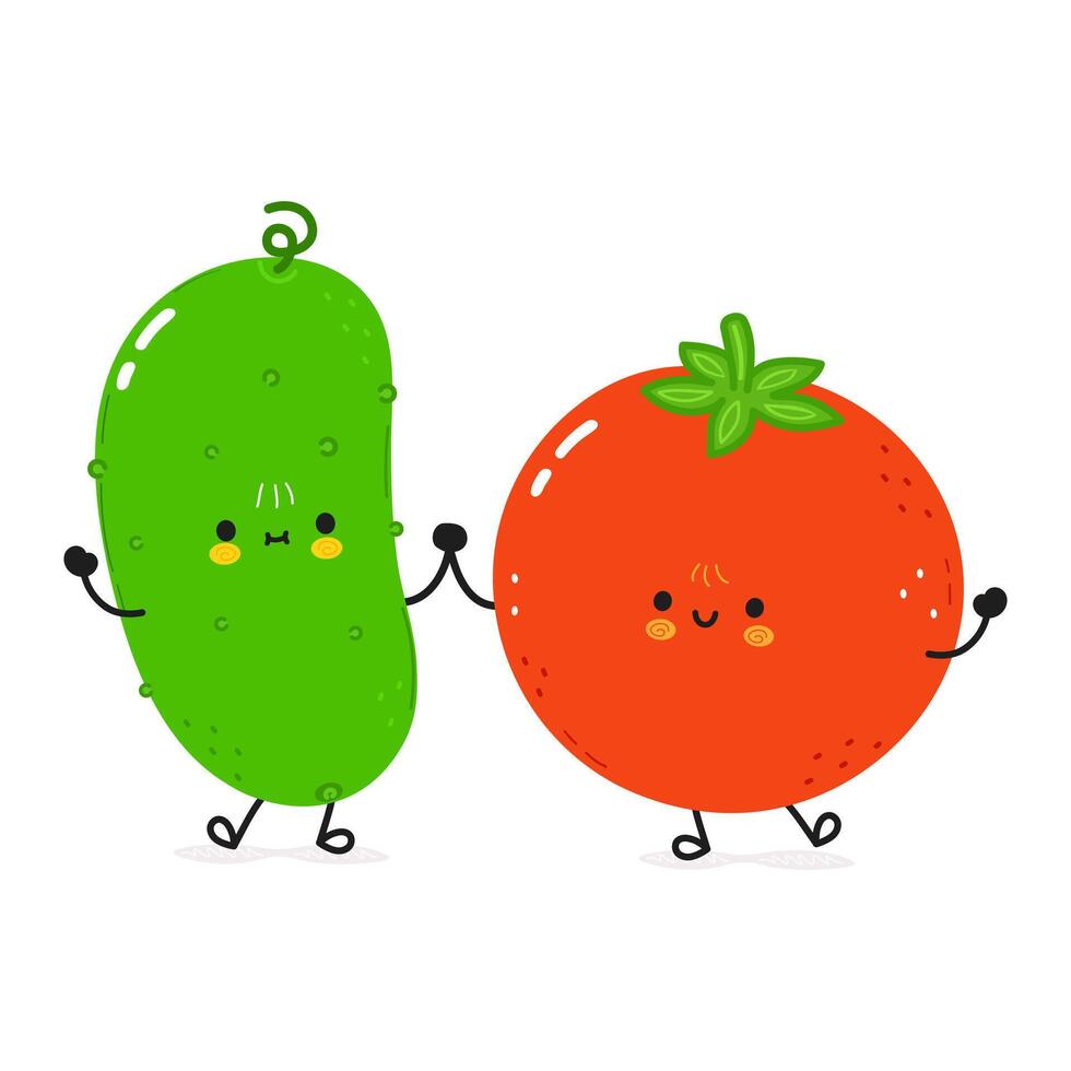 Cucumber and tomato card. hand drawn doodle style cartoon character illustration icon design. Happy Cucumber and tomato friends concept card vector