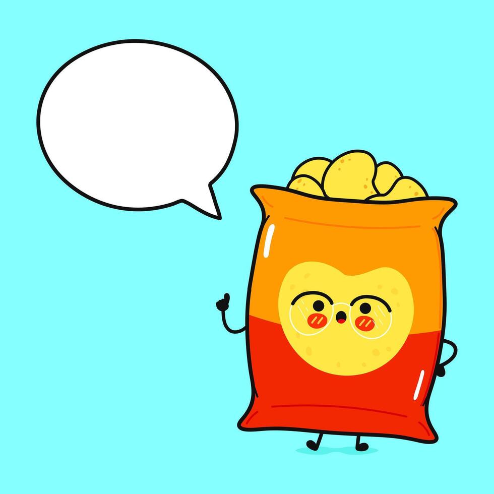 Chips with speech bubble. hand drawn cartoon kawaii character illustration icon. Isolated on blue background. Chips character concept vector