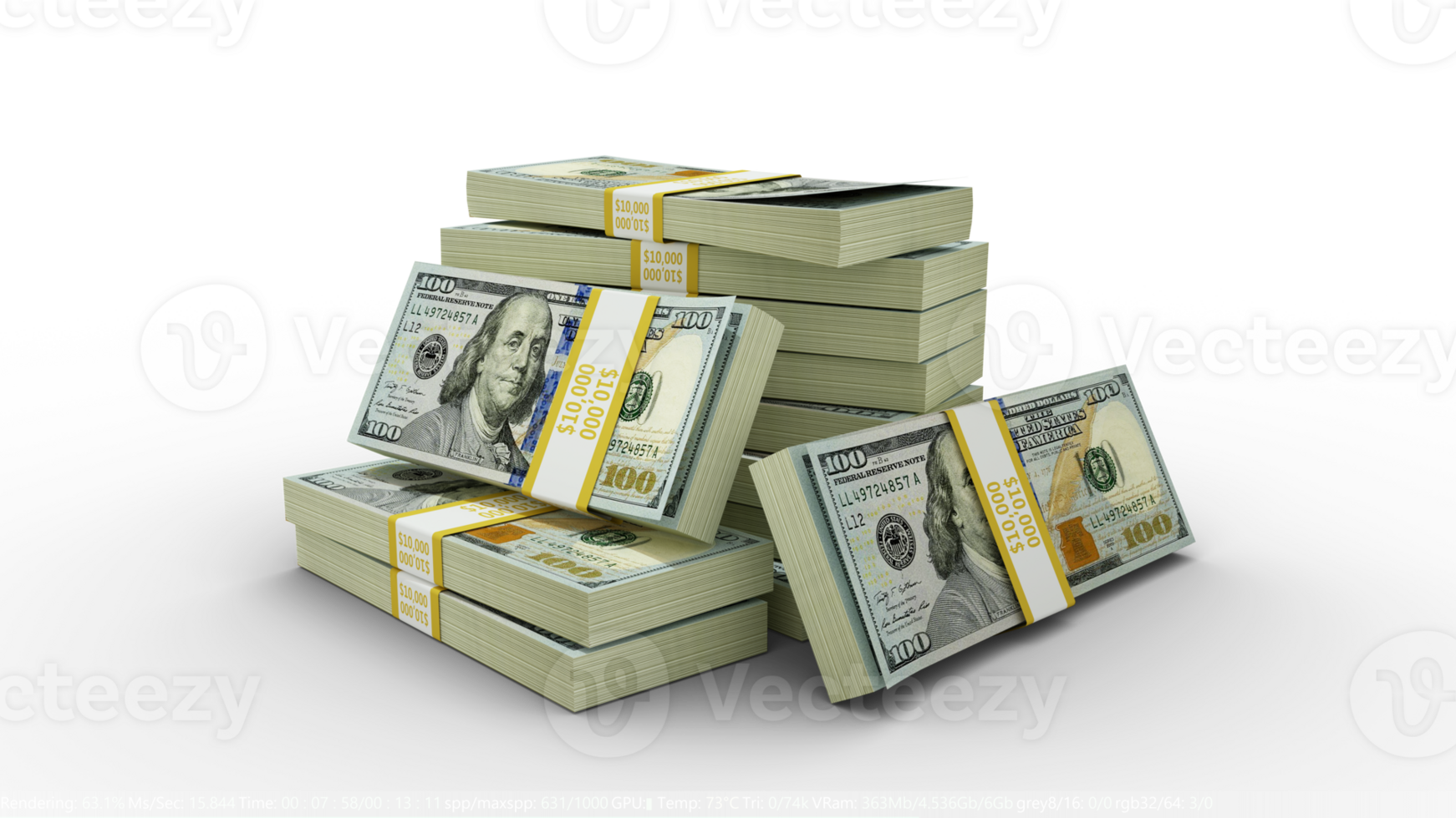 3d rendering of Stacks of 100 US dollar notes. bundles of United States currency notes isolated on transparent background png