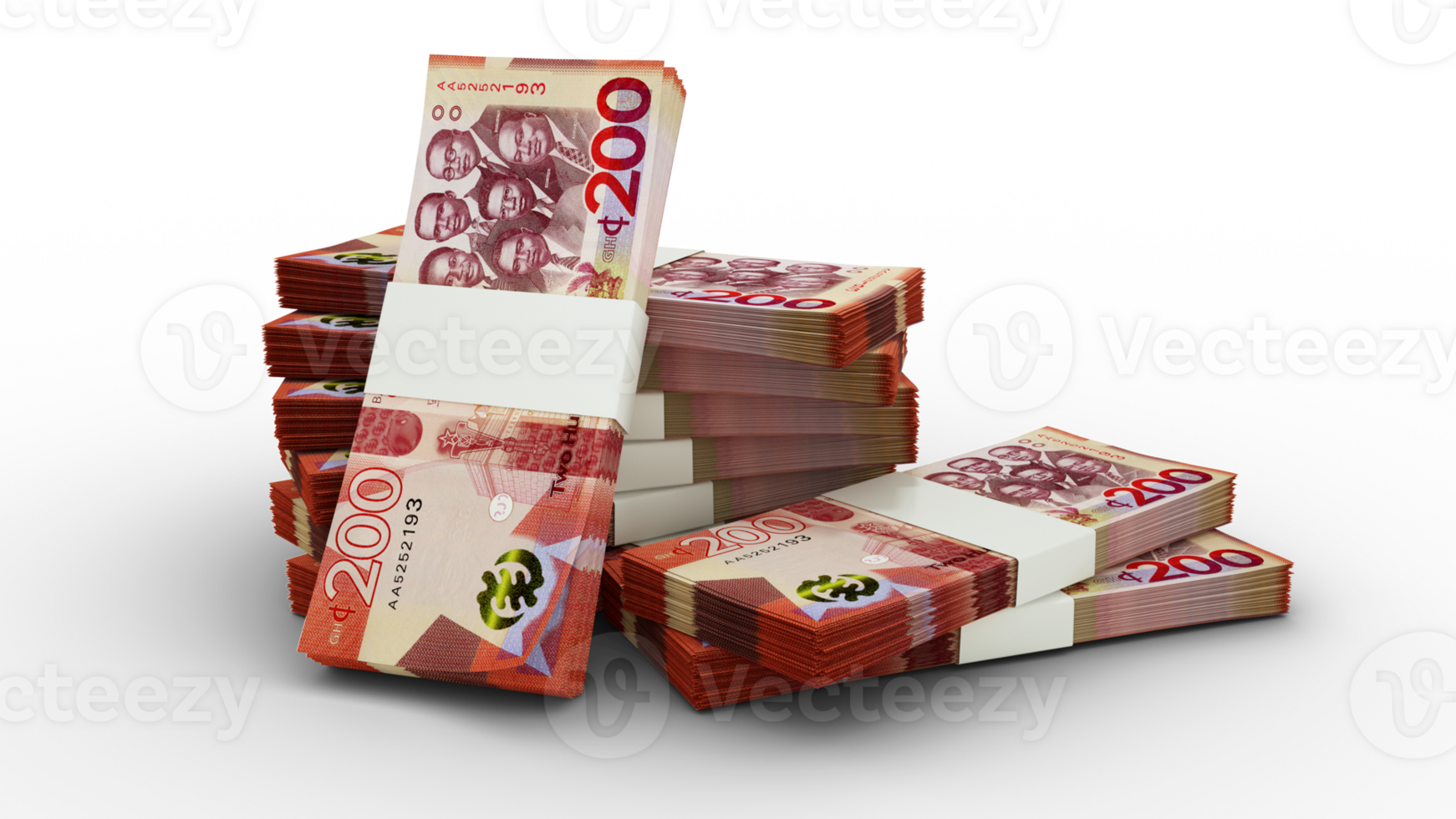 3d rendering of Stacks of 200 Ghanaian cedi notes. bundles of Ghanaian currency notes isolated on transparent background, currency of Ghana png