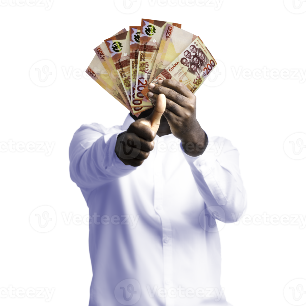 Black person holding Ghanaian cedi notes and making thumbs up to the camera. Hand holding Ghanaian currency notes, 3d rendered money isolated on transparent background png