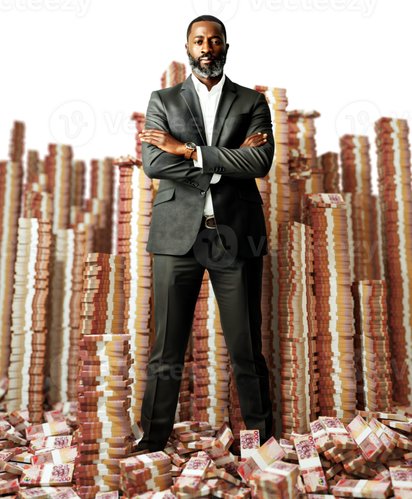 Rich African American businessman with folded arms standing in mist of huge pile of stacks of Ghanaian cedi notes over transparrent background png