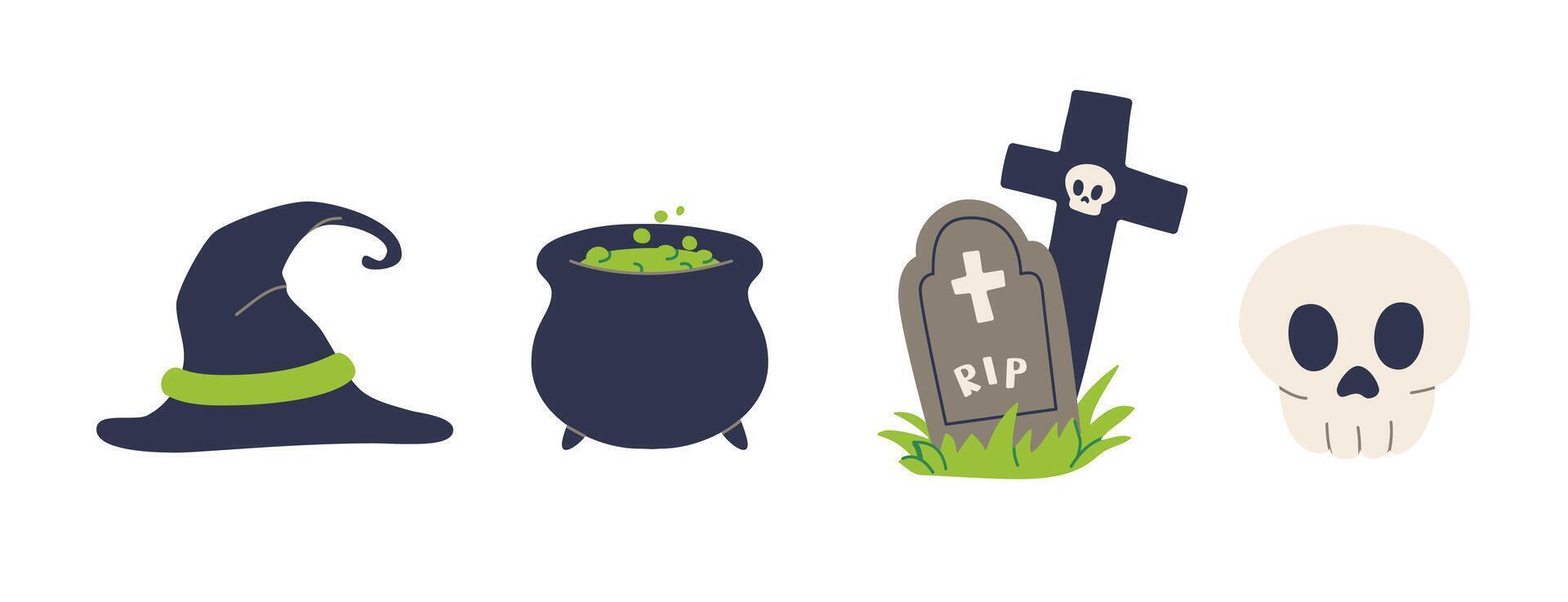 Halloween Essentials Set Witch Hat, Bubbling Cauldron, Tombstone, and Skull. Perfect for Spooky Graphics, Party Decor, Invitations, and Creative Halloween Projects vector