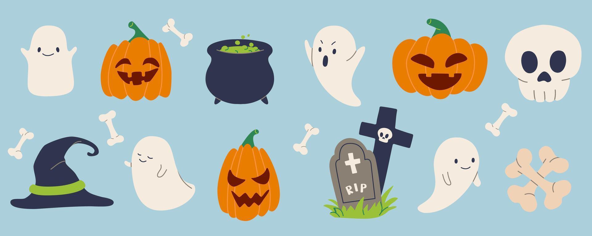 Fun Halloween illustration set with cute ghosts, pumpkins, skulls, bones, witch hats, and cauldrons. Perfect for party invitations, festive decor, spooky designs on blue background vector