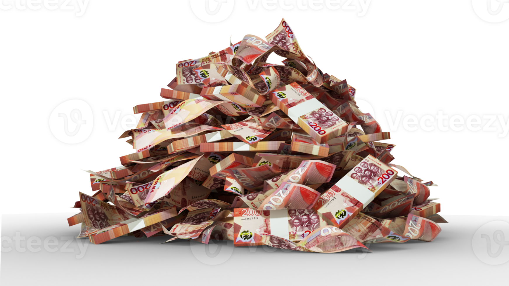 Big pile of Ghanaian cedi notes. A lot of money isolated on transparent background. 3d rendering of bundles of cash png