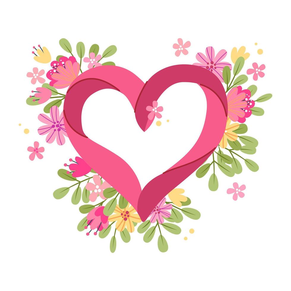Breast cancer awareness month symbol, pink ribbon heart shaped with flowers vector