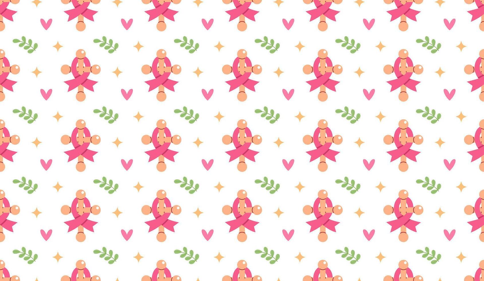 Breast cancer awareness month seamless pattern, pink ribbon, crucifix and hearts vector
