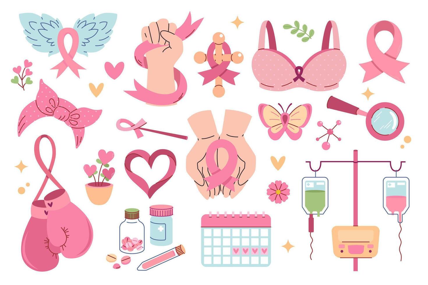 Breast cancer awareness month elements collection. Sticker set for oncology fighters vector