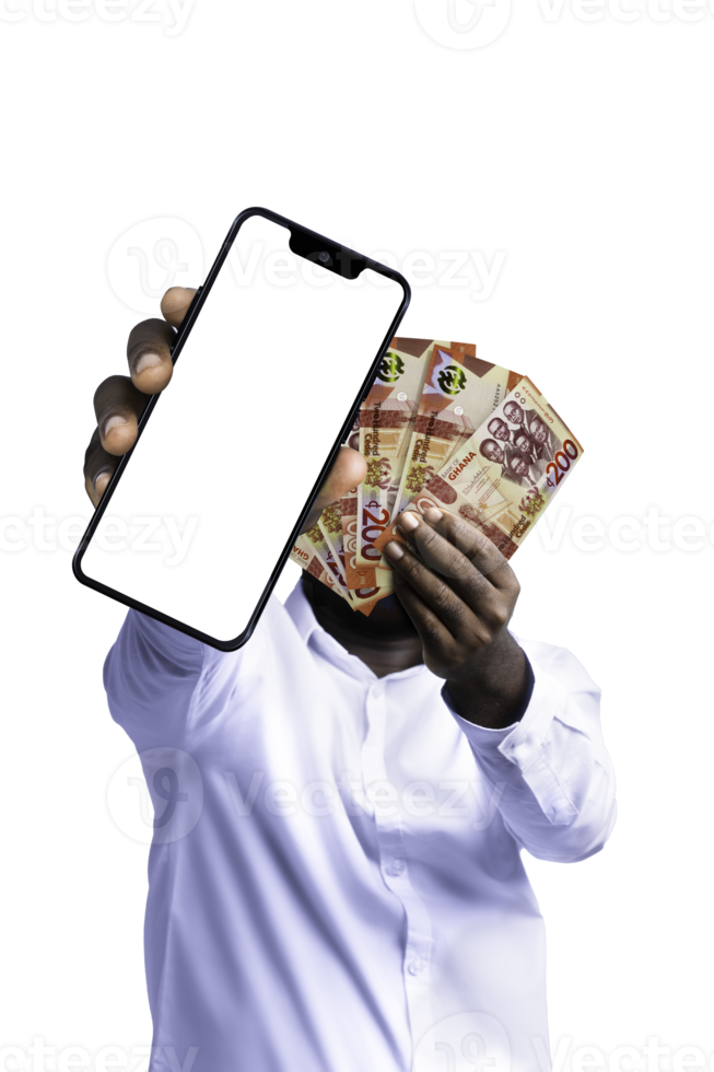 Black person holding Ghanaian cedi notes and pointing phone with blank screen to the camera. Hand holding Ghanaian currency notes, 3d rendered money isolated on transparent background png