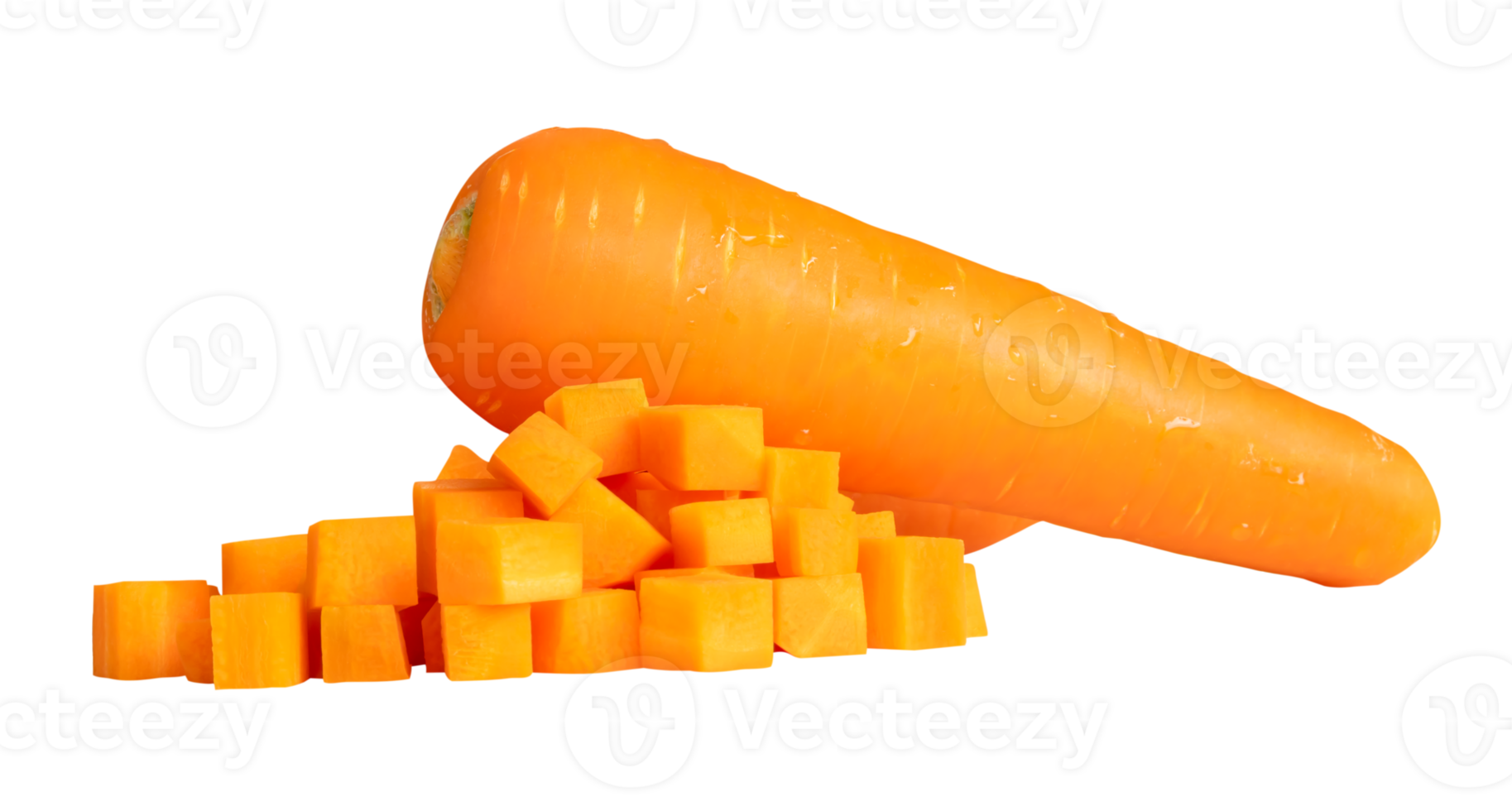 Side view of fresh orange carrot with slices in cube shape in stack isolated with clipping path in file format png
