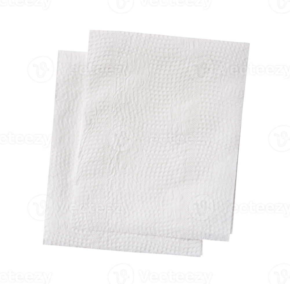 Top view of two pieces of white tissue paper or napkin paper in stack isolated with clipping path in file format png