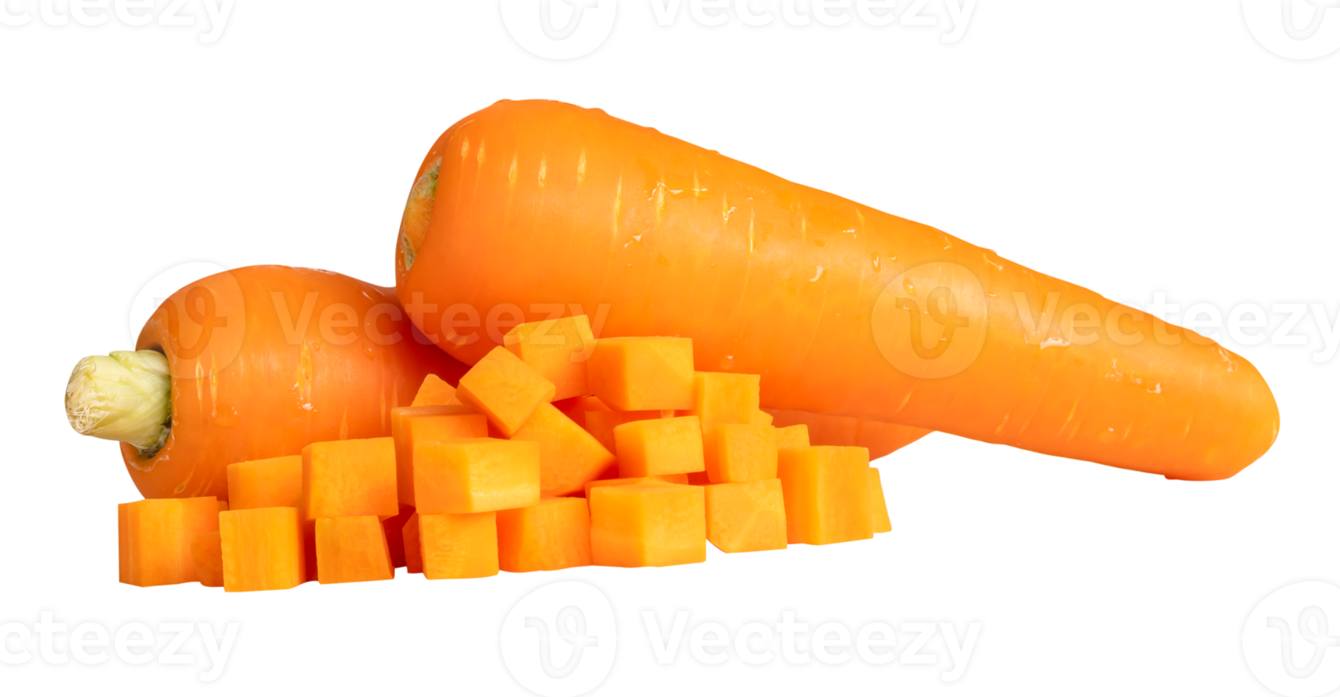 Side view of fresh orange carrot slices in cube shape in stack isolated with clipping path in file format png