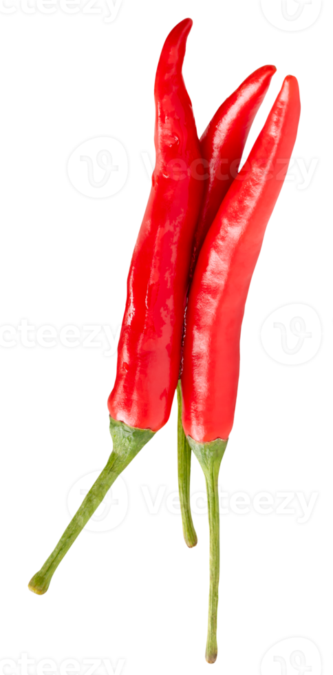 Top view of fresh red chili peppers or cayenne peppers in stack isolated with clipping path in file format png
