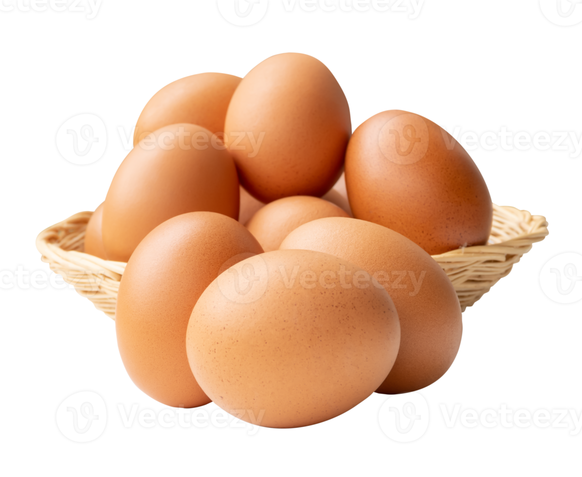 Group of fresh brown chicken eggs in stack in wicker basket isolated with clipping path in file format png