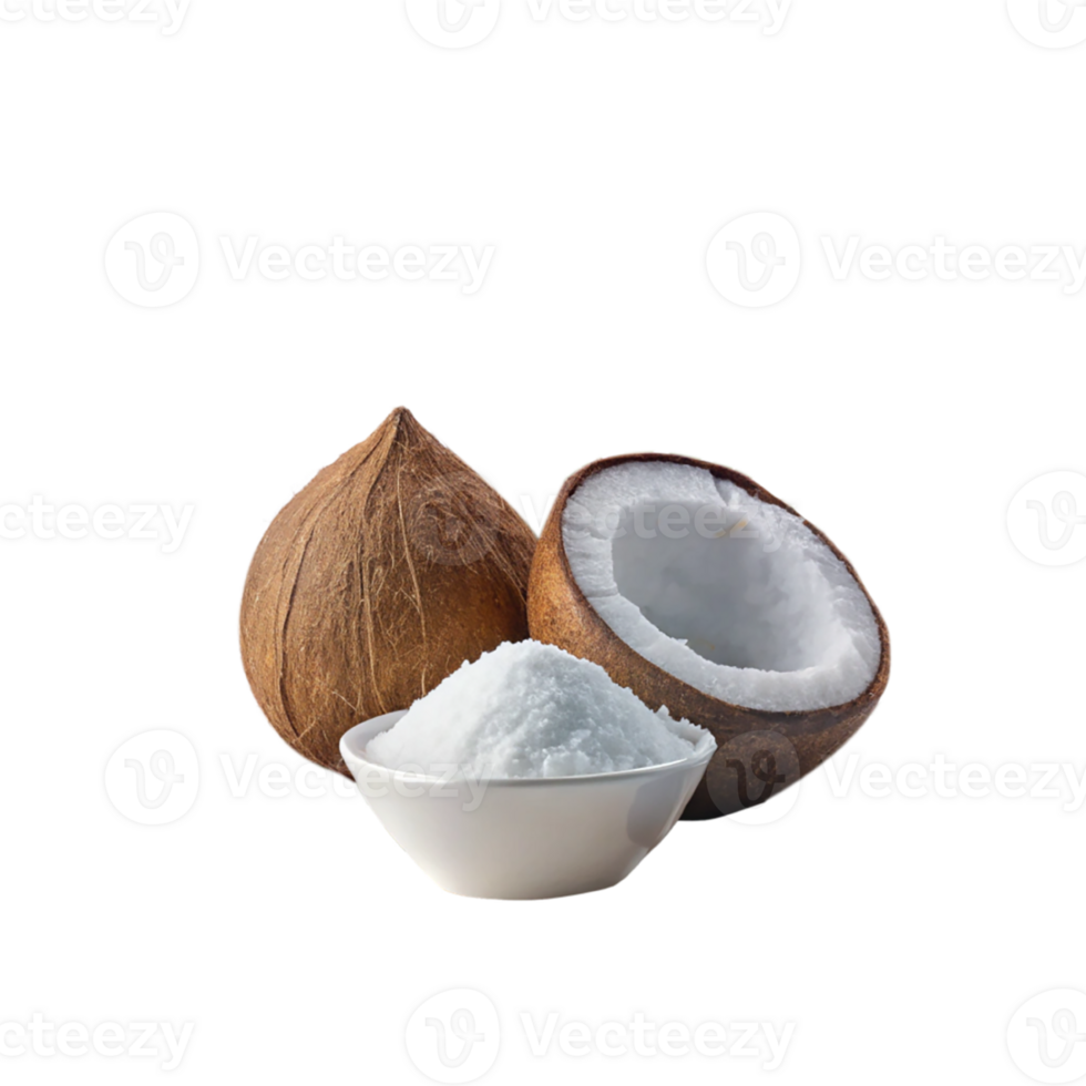 Coconuts with coconut flakes in a bowl png