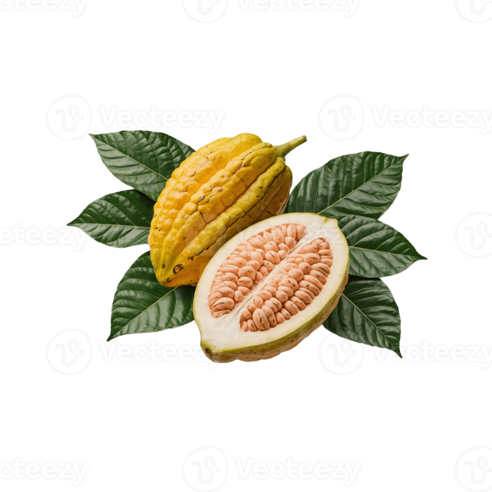 cocoa pod and half of a cocoa fruit on transparent background png