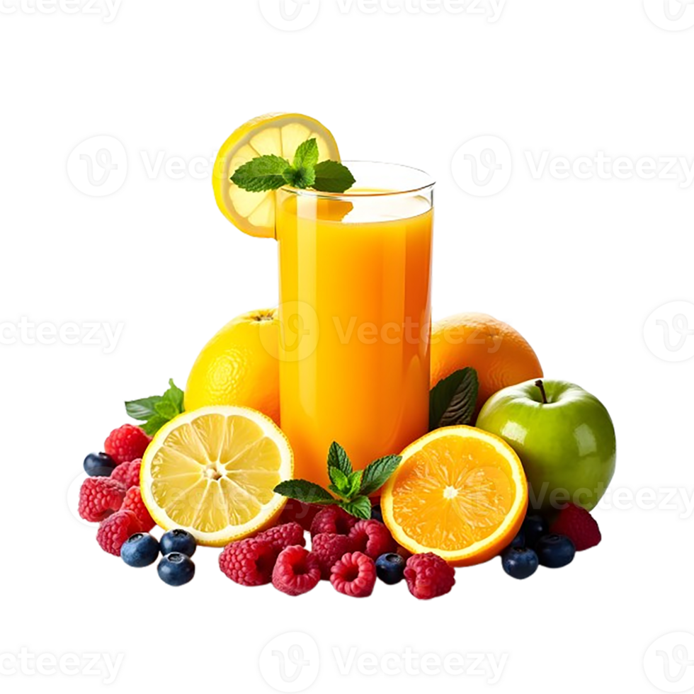 fresh fruit juice with orange, lemon, berries and mint png