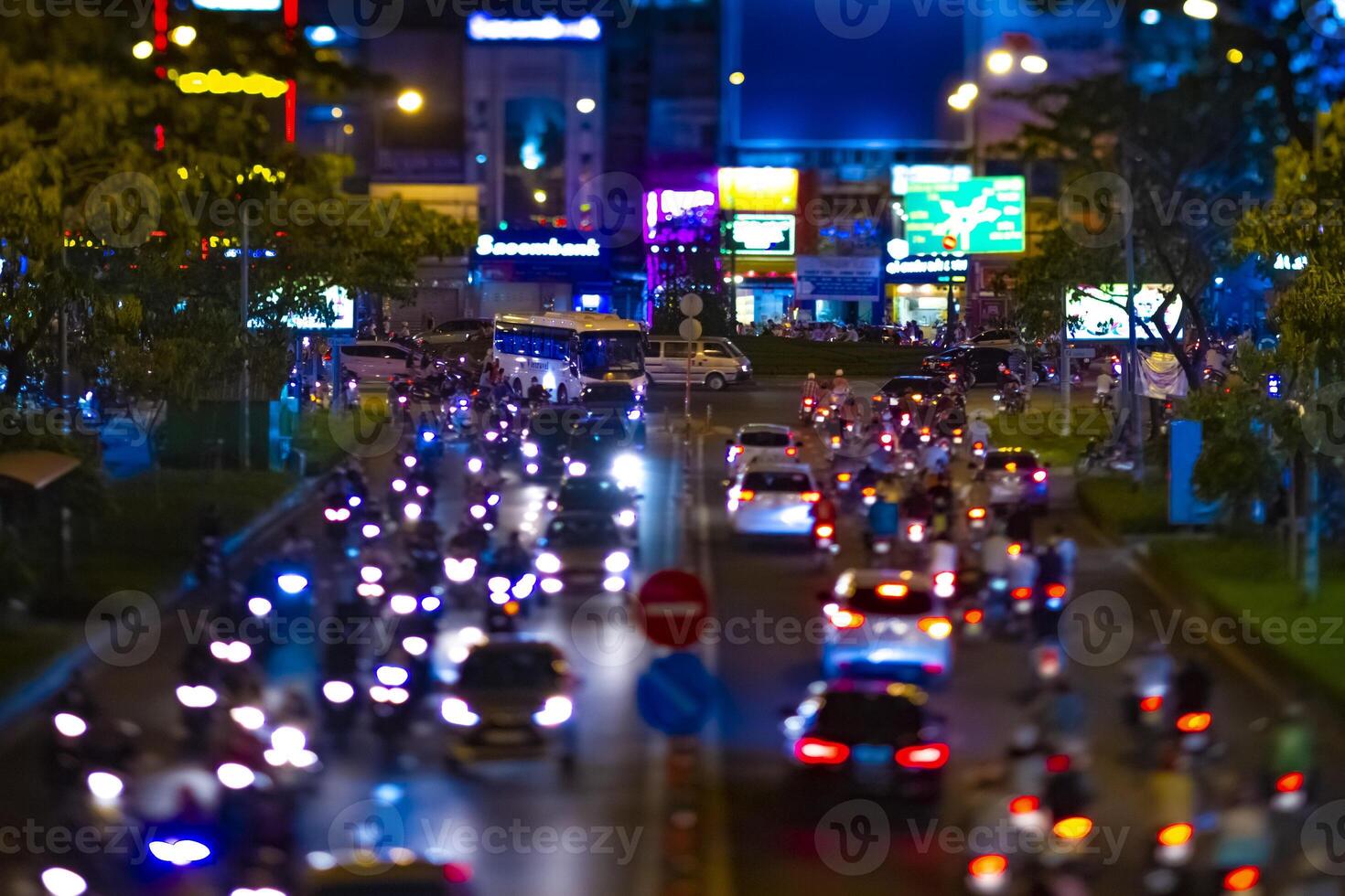 A night miniature neon street at the downtown in Ho Chi Minh Vietnam tiltshift photo