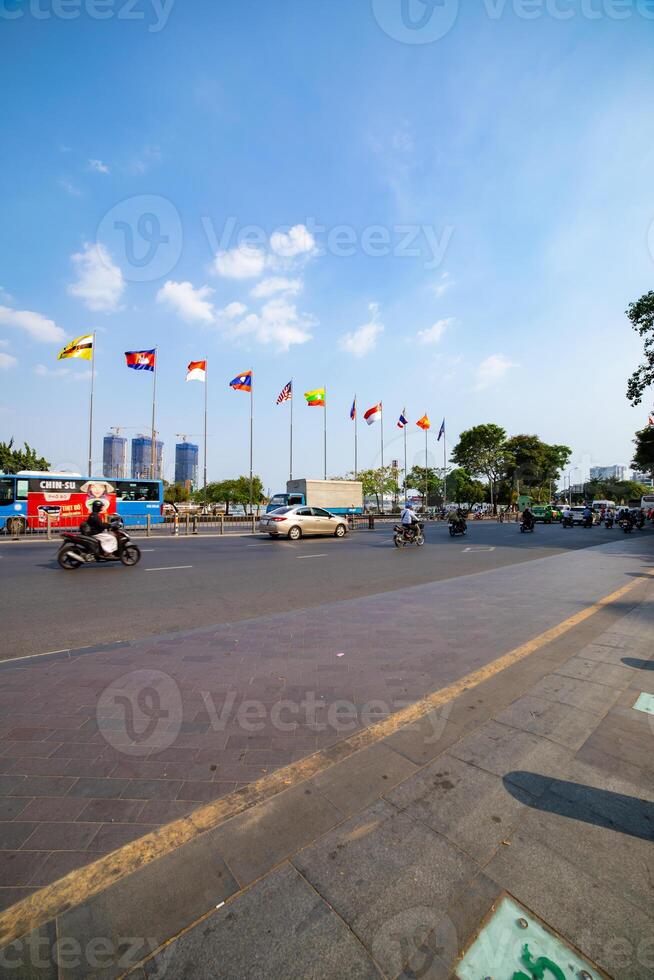 National Flags of ASEAN countries on the city street in Ho Chi Minh wide shot photo