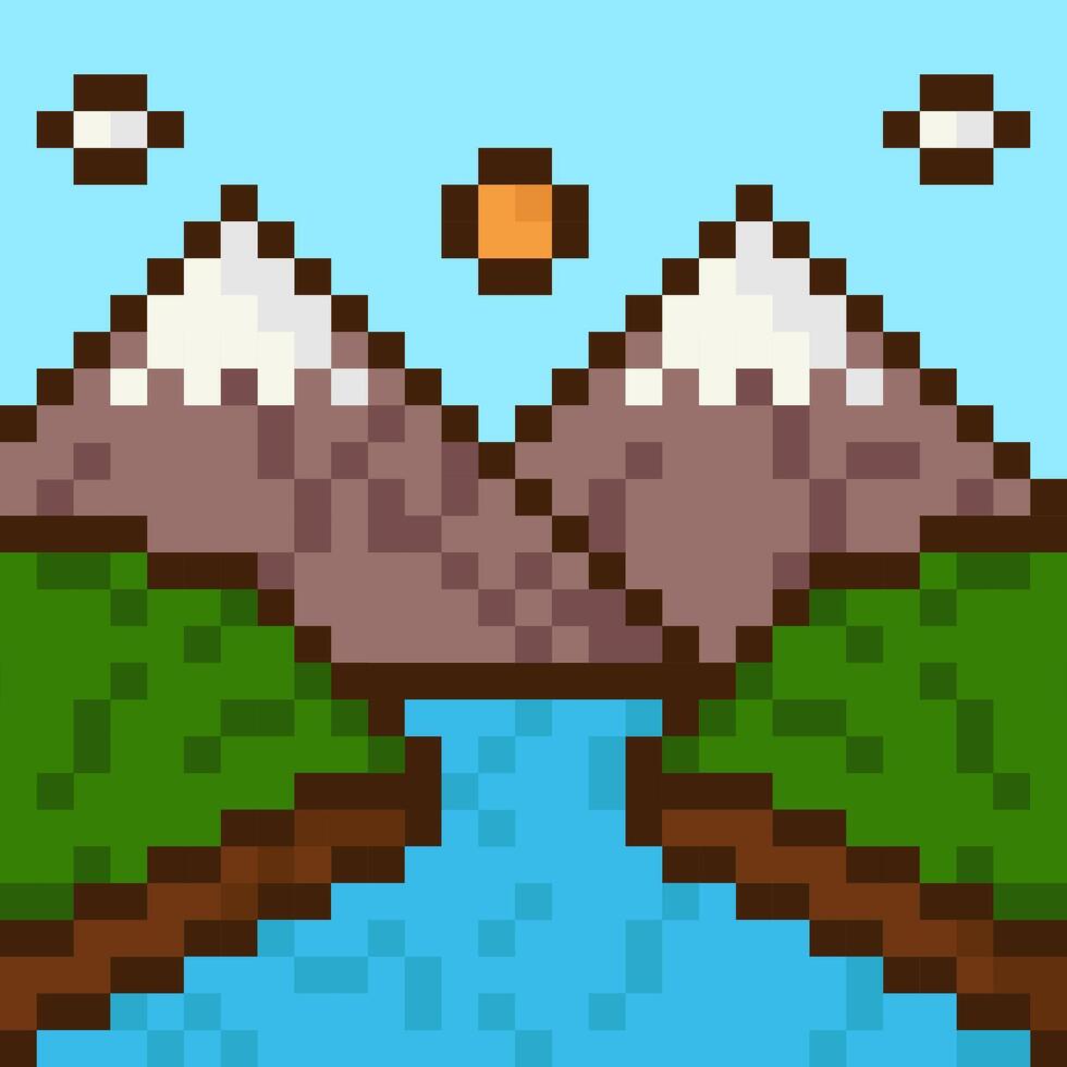 Landscape in pixel art style. Mountains, river and green meadow vector