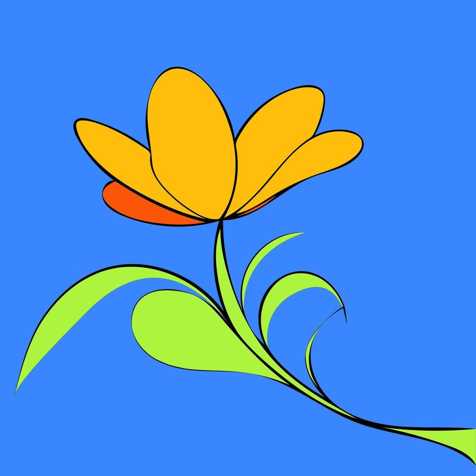 Orange Flower on Blue Background. A simple illustration of an orange flower with green leaves against a blue background. vector