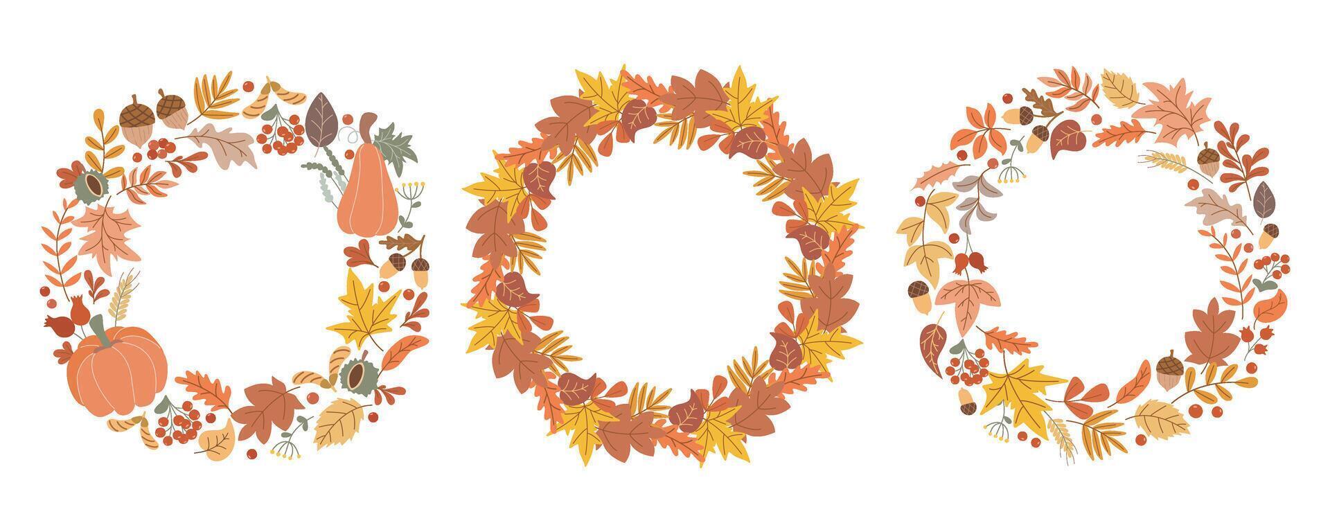 Autumn round wreath set of yellowed leaves, acorns and pumpkin vector