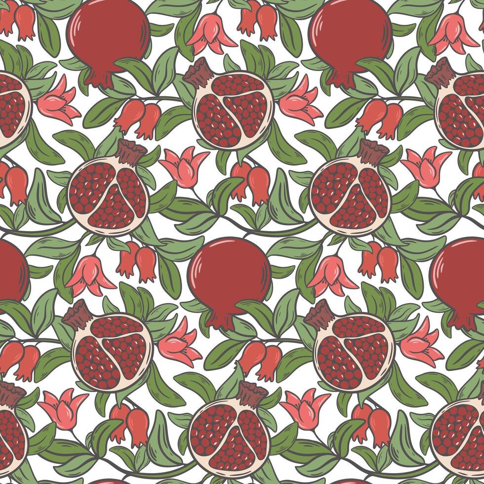 Colorful print with ripe pomegranates, flowers and foliage vector