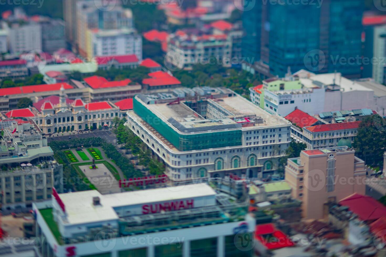 A high angle view of miniature cityscape at the downtown in Ho Chi Minh daytime tiltshift photo