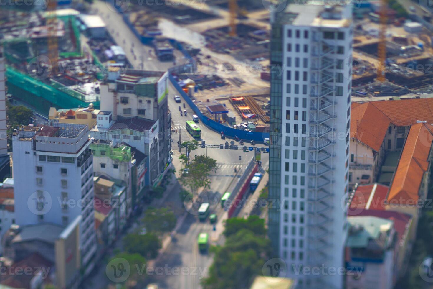 A miniature traffic jam at the busy town in Ho Chi Minh high angle tiltshift photo