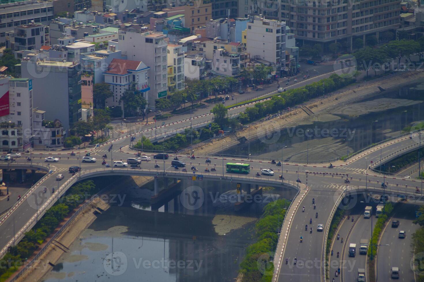 A traffic jam at the busy town in Ho Chi Minh high angle long shot photo