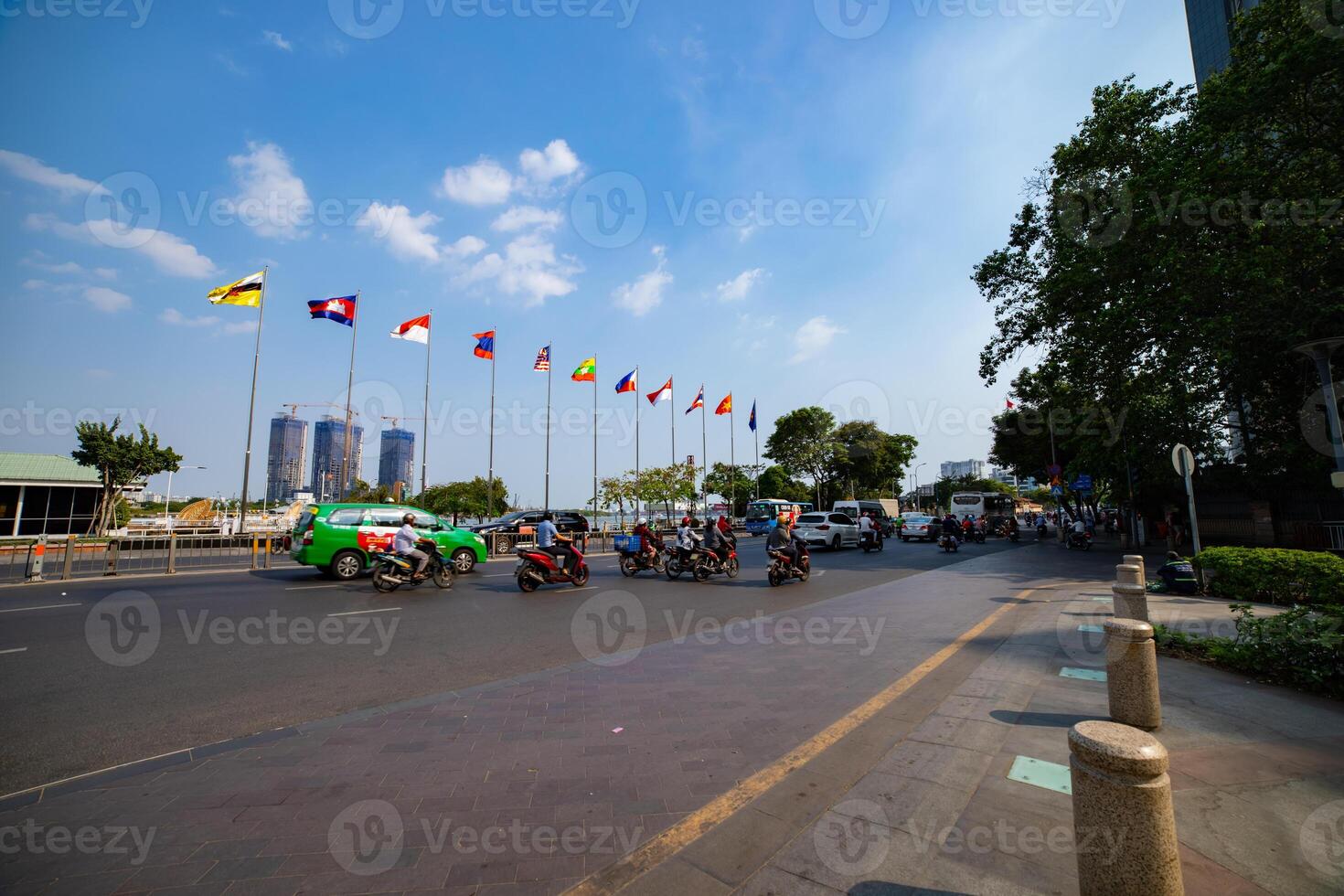 National Flags of ASEAN countries on the city street in Ho Chi Minh wide shot photo