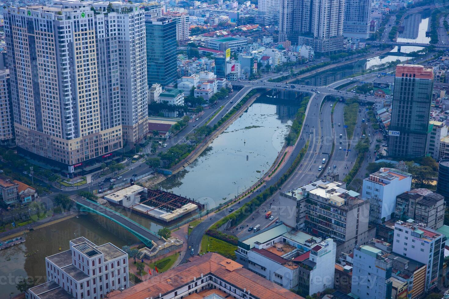 A traffic jam at the busy town in Ho Chi Minh high angle photo